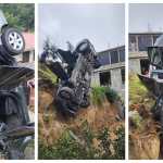 Una camioneta queda suspendida en un barranco luego de caer en el km 101.9 de la ruta Interamericana, en Chichicastenango, Quiché. (Foto Prensa Libre: CVB)