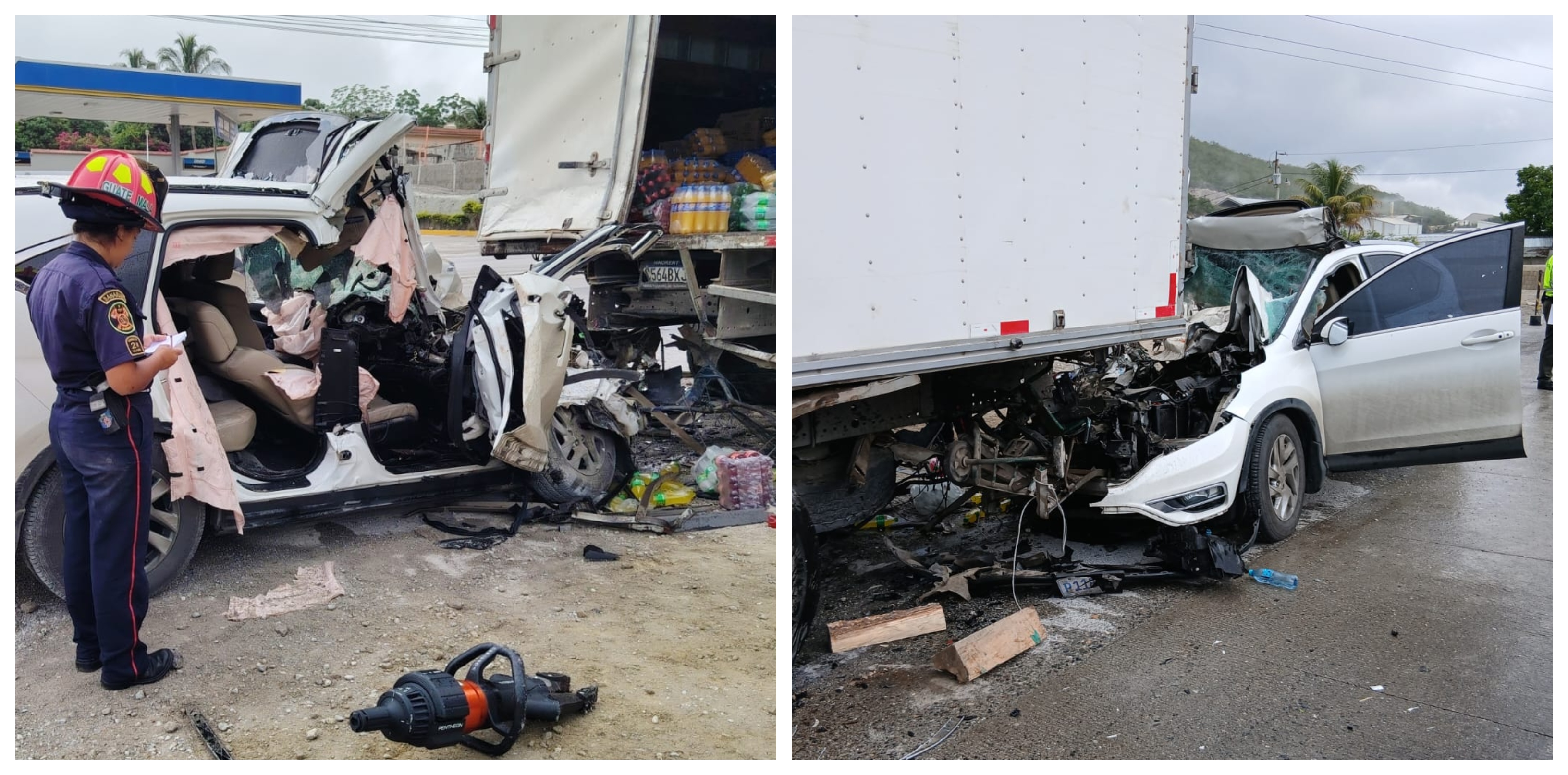  Socorristas utilizan equipo hidráulico para liberar a los ocupantes del vehículo que colisionó contra un tráiler en el kilómetro 63 de la ruta al Atlántico. (Fotos Prensa Libre: CVB y CBMD)
