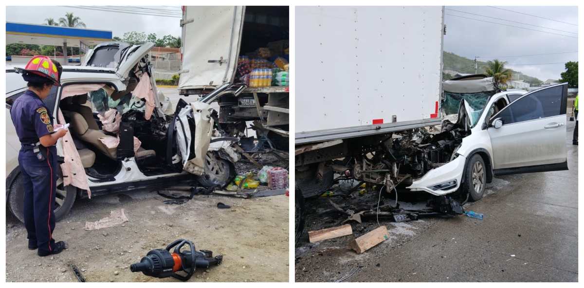  Socorristas utilizan equipo hidráulico para liberar a los ocupantes del vehículo que colisionó contra un tráiler en el kilómetro 63 de la ruta al Atlántico. (Fotos Prensa Libre: CVB y CBMD)