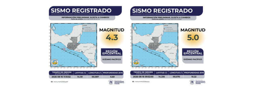 Sismos en el océano Pacífico de magnitud 5.0 y 4.3 registrados el 16 de agosto de 2026