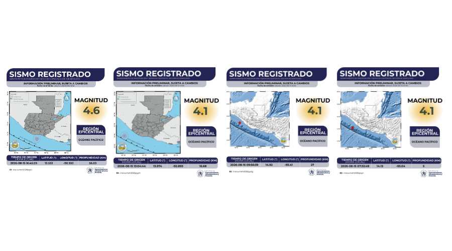 Cuatro sismos en el océano Pacífico registrados por Insivumeh el 15 de agosto de 2026