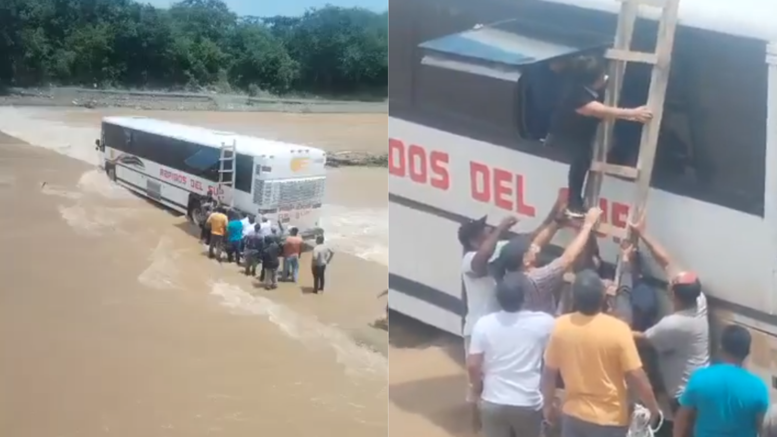 Un bus tipo pullman quedó varado cuando intentaba atravesar el paso de badén del río Túnico, en El Estor, Izabal. Vecinos utilizaron una escalera para evacuar a niños y adultos ante el riesgo que representaba la corriente.