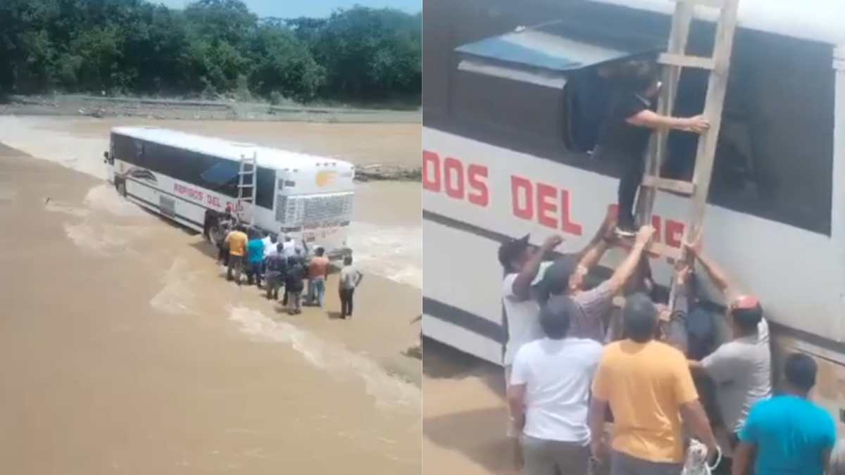 Un bus tipo pullman quedó varado cuando intentaba atravesar el paso de badén del río Túnico, en El Estor, Izabal. Vecinos utilizaron una escalera para evacuar a niños y adultos ante el riesgo que representaba la corriente.
