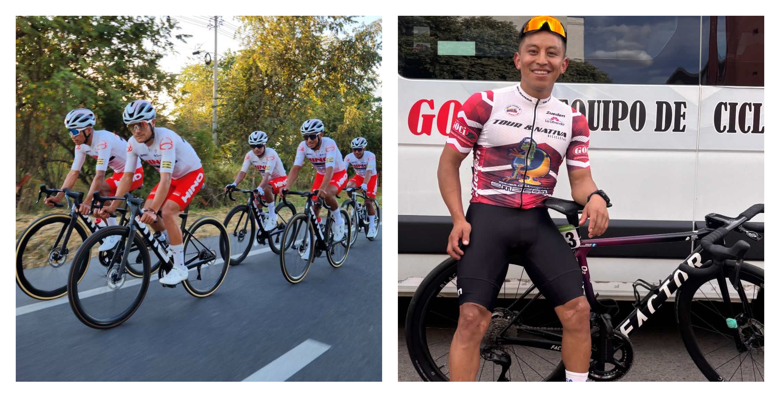 El equipo Hino One La Red y el ciclista José Canastuj son los representantes guatemalteco en la Vuelta a Colombia 2026. (Fotos Prensa Libre: Hino Cycling Team y José Canastuj).