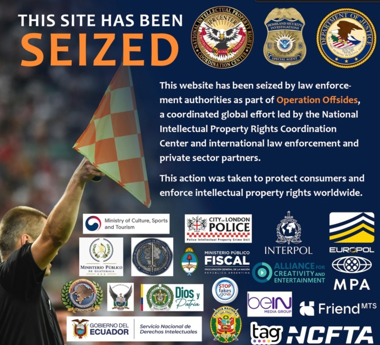 El aviso informa que el dominio fue incautado como parte de una operación internacional contra la piratería digital. Según APRODICA, esta imagen se muestra a usuarios fuera de Guatemala. (Foto, Prensa Libre: cortesía)