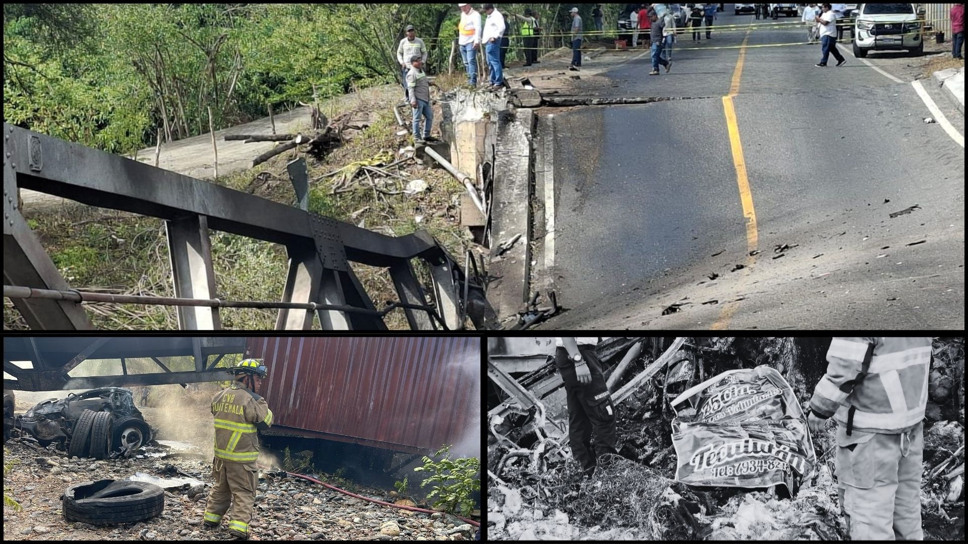 El puente Güijo colapsó el 22 de agosto luego de que un vehículo de transporte pesado perdiera el control e impactara contra dos vehículos particulares y una motocicleta. El accidente dejó cuatro personas fallecidas y siete heridas. (Foto, Prensa Libre: cortesía Conred y Bomberos Voluntarios)