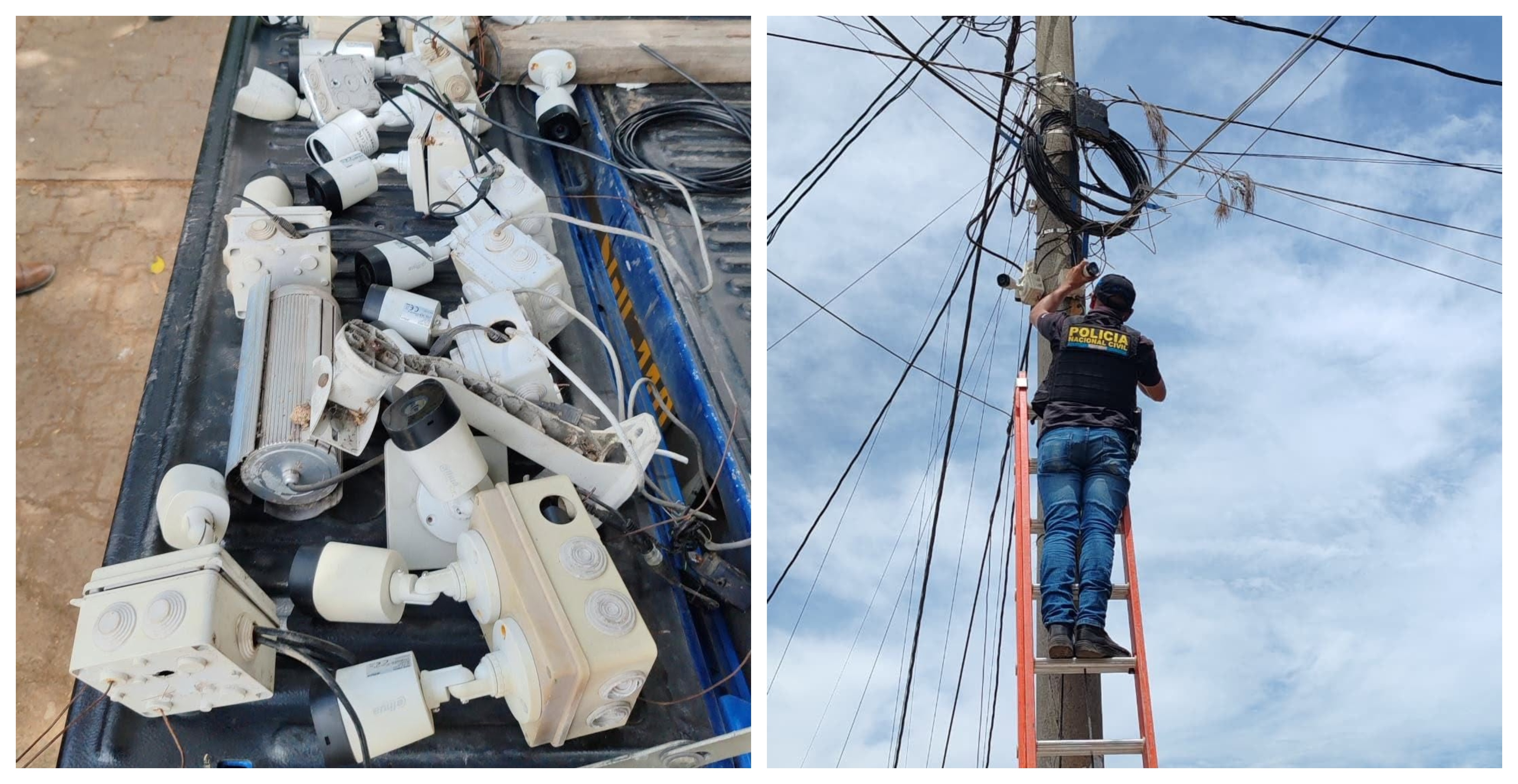 Agentes de la PNC retiran cámaras de videovigilancia instaladas de forma clandestina en Amatitlán. (Foto Prensa Libre: PNC)