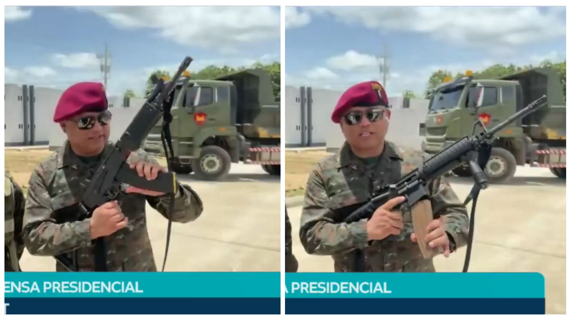 El ministro de la Defensa, Henry Sáenz, muestra el fusil utilizado por el Ejército desde los años 70 (izquierda) y el nuevo fusil M4 de fabricación estadounidense (derecha), que comenzará a incorporarse en las unidades militares, con Petén como punto de partida. (Foto, Prensa Libre: captura de pantalla)