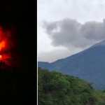 Volcán de Fuego durante la erupción del 4 de agosto y panorama con fumarola visible horas después.