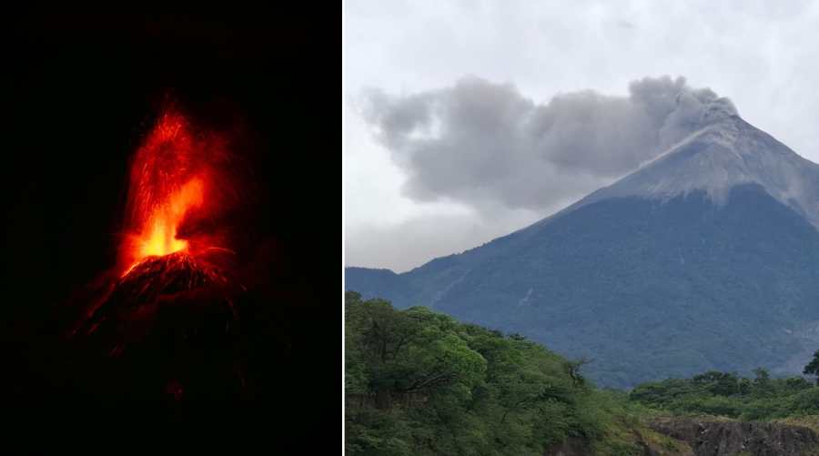 Volcán de Fuego durante la erupción del 4 de agosto y panorama con fumarola visible horas después.