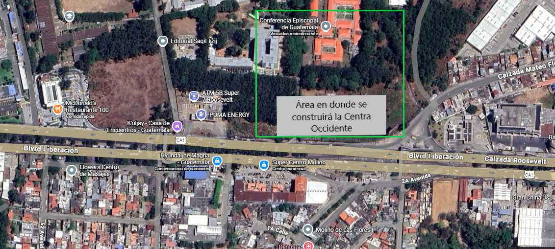 Según informó el director general de Doppelmayr, el proyecto contempla la construcción de la Central de Transferencia Intermedia de Occidente, que se ubicará en un terreno adquirido a la Conferencia Episcopal de Guatemala. (Foto, Google Maps)