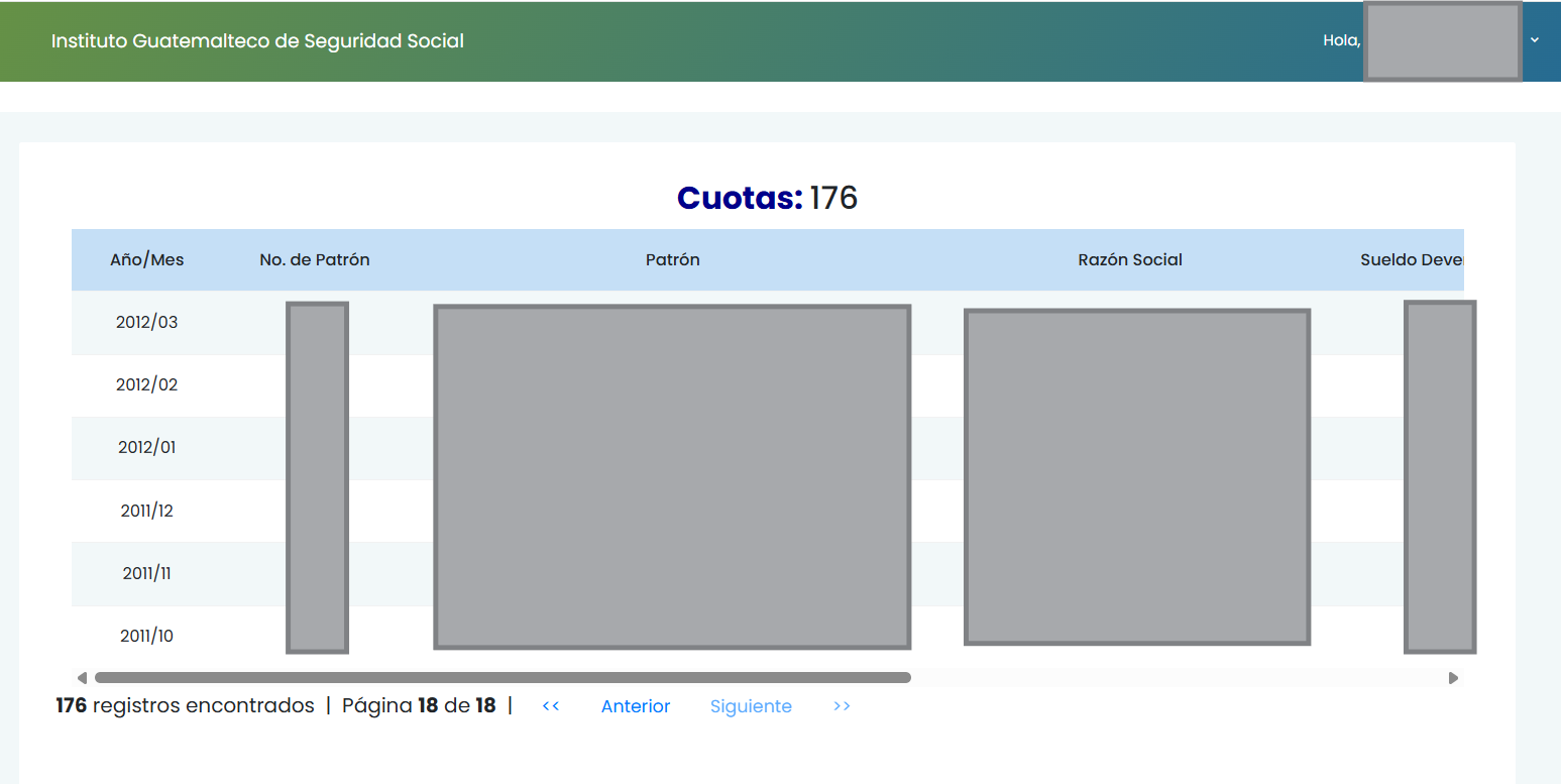 Consulta en el Portal del Afiliado del IGSS que muestra 176 cuotas pagadas al programa IVS desde octubre de 2011; en otros casos, los registros en línea comienzan en 2015. (Foto, Prensa Libre: captura de pantalla)
