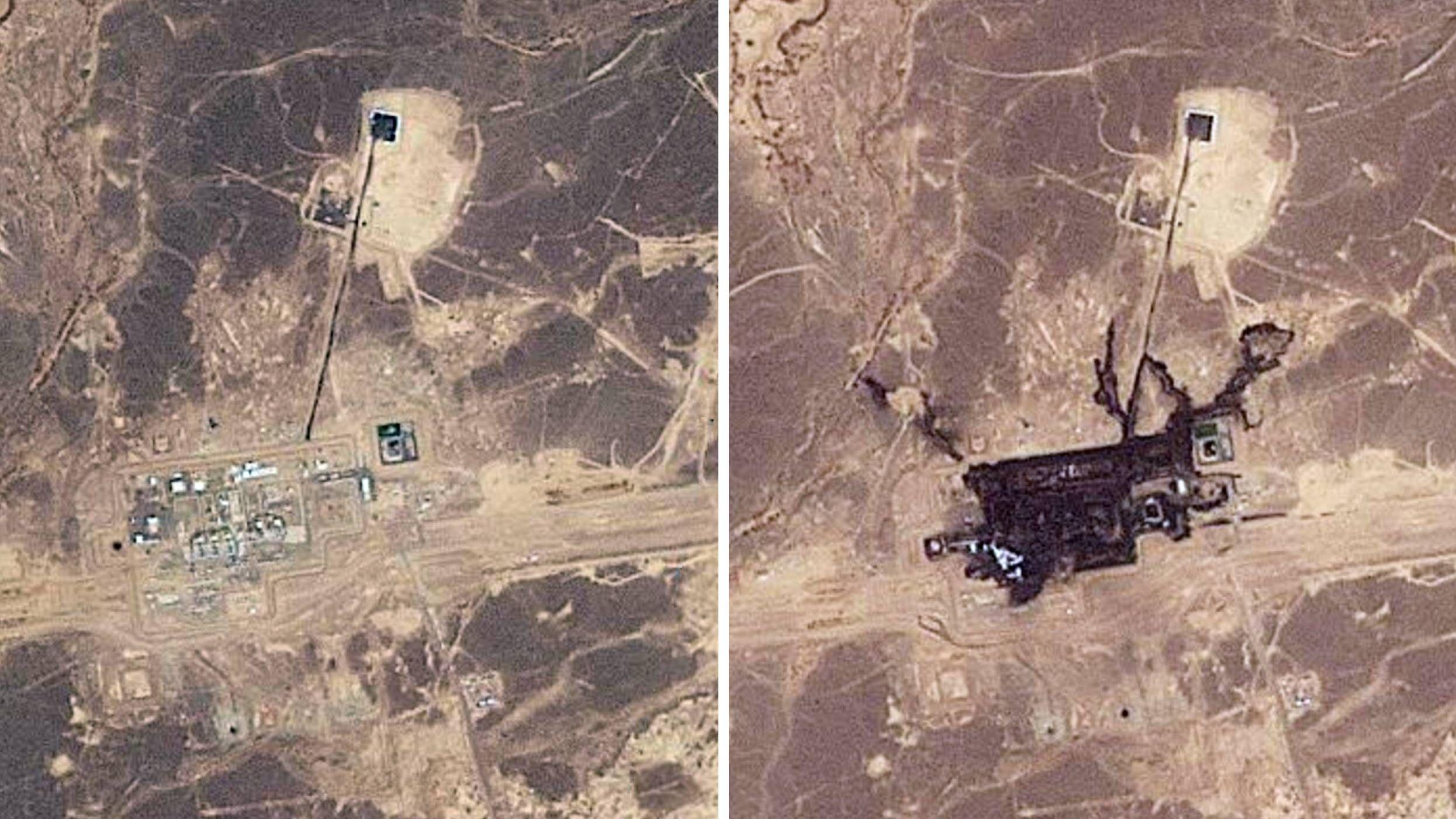 Las imágenes satelitales muestran imágenes del área donde el oleoducto Este-Oeste fue impactado antes (izquierda) y después