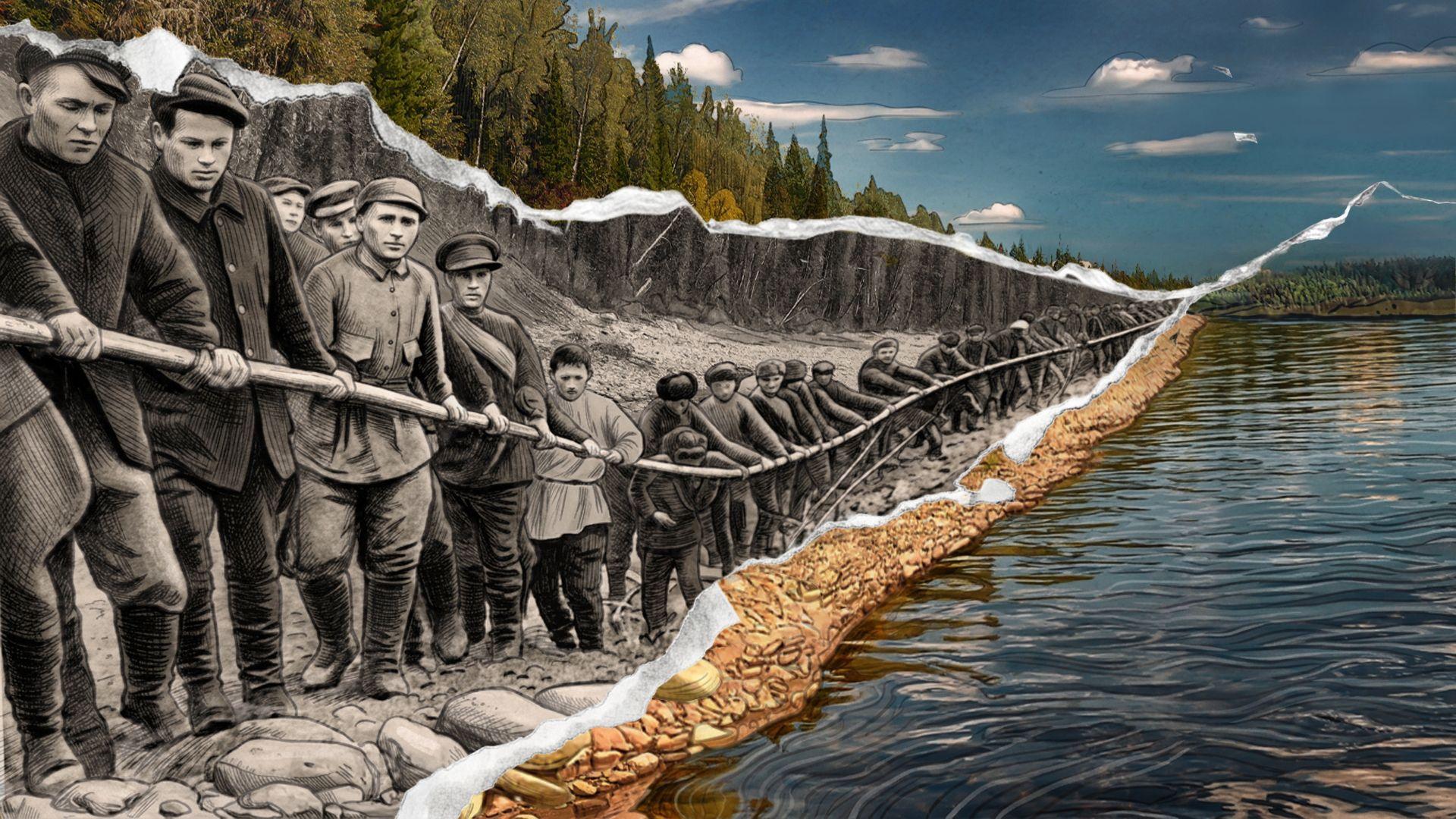 Un collage muestra a niños pequeños de pie y sentados en una playa, arrojando huesos humanos a un lago. Hay un cartel ilustrado de "prohibido nadar" y un recorte que muestra más huesos bajo la superficie arenosa.