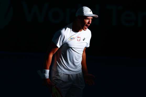 Brisbane (Australia), 19/09/2026.- Kamil Majchrzak of Poland reacts during the Davis Cup match between Australia and Poland at Pat Rafter Arena in Brisbane, Australia, 19 September 2026. (Tenis, Polonia) EFE/EPA/RUSSELL FREEMAN EDITORIAL USE ONLY AUSTRALIA AND NEW ZEALAND OUT