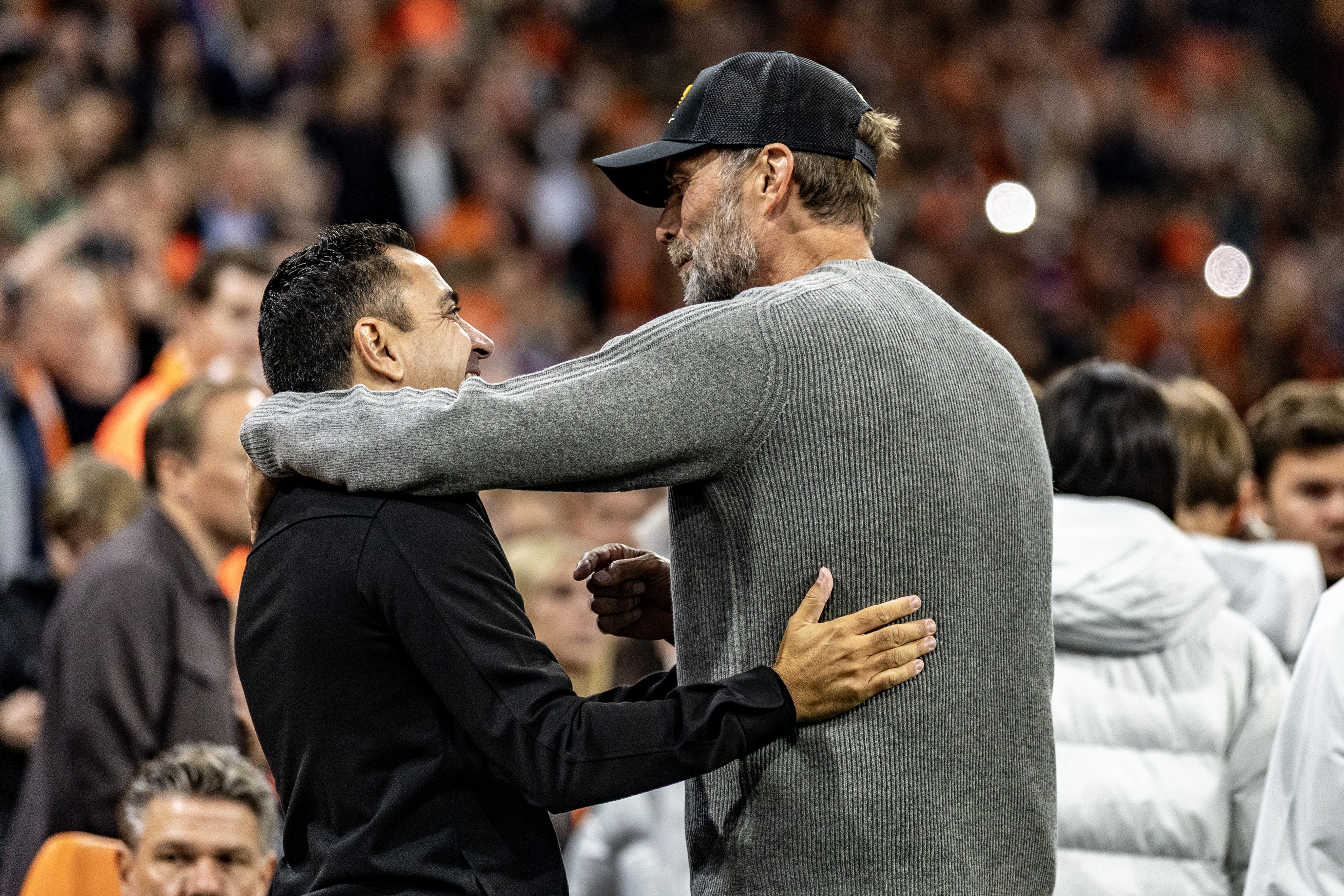 Amsterdam (Netherlands), 24/09/2026.- Netherlands national coach Xavi Hernández, Germany national coach Jürgen Klopp during the UEFA Nations League match between the Netherlands and Germany at the Johan Cruijff ArenA, in Amsterdam, Netherlands, 24 September 2026. (Alemania, Países Bajos; Holanda) EFE/EPA/KOEN VAN WEEL