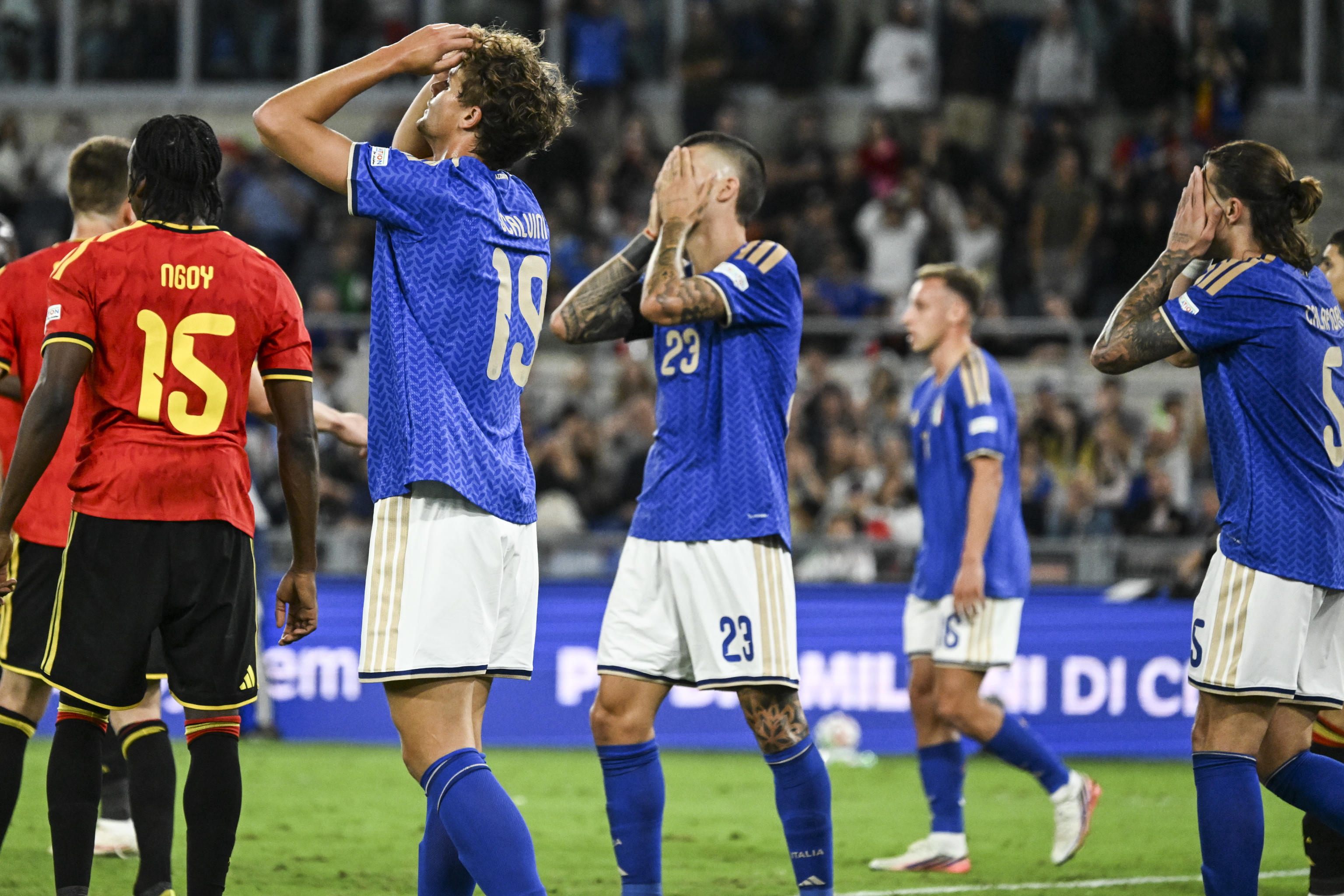 Rome (Italy), 25/09/2026.- Players of Italy reacts during the UEFA Nations League match Italy against Belgium in Rome, Italy, 25 September 2026. (Bélgica, Italia, Roma) EFE/EPA/Riccardo Antimiani