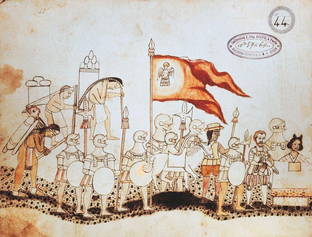 Una página del Códice Azcatitlan que muestra a mexicas en un ritual junto a una pirámide