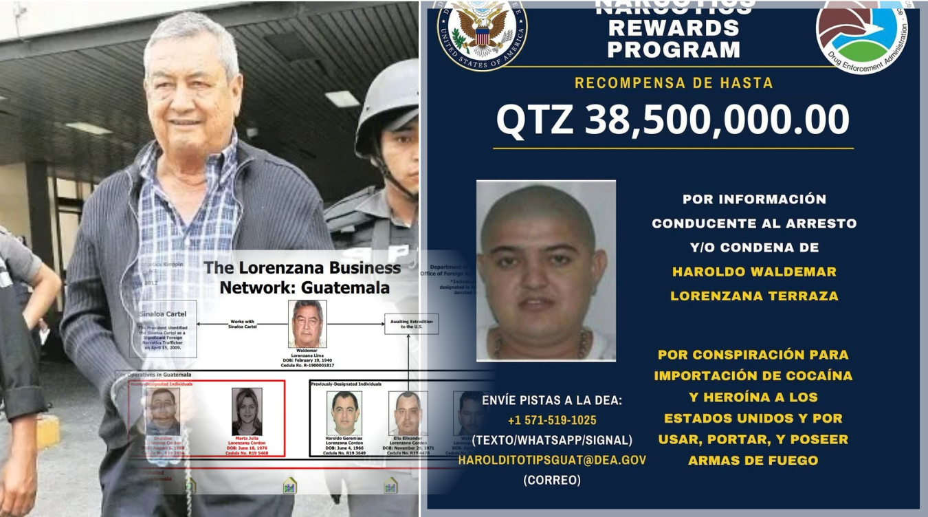 Composición con fotografía de archivo de Waldemar Lorenzana, afiche de búsqueda de Estados Unidos con recompensa por información sobre Haroldito Lorenzana y organigrama de la estructura criminal.