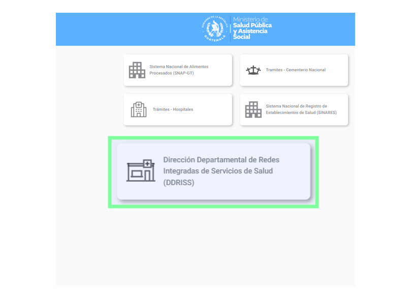 En la plataforma del Ministerio de Salud se muestran los servicios disponibles. Para tramitar la “Tarjeta de Salud” de forma electrónica, el interesado debe seleccionar la opción DDRISS. (Foto, Prensa Libre: Captura de Pantalla)