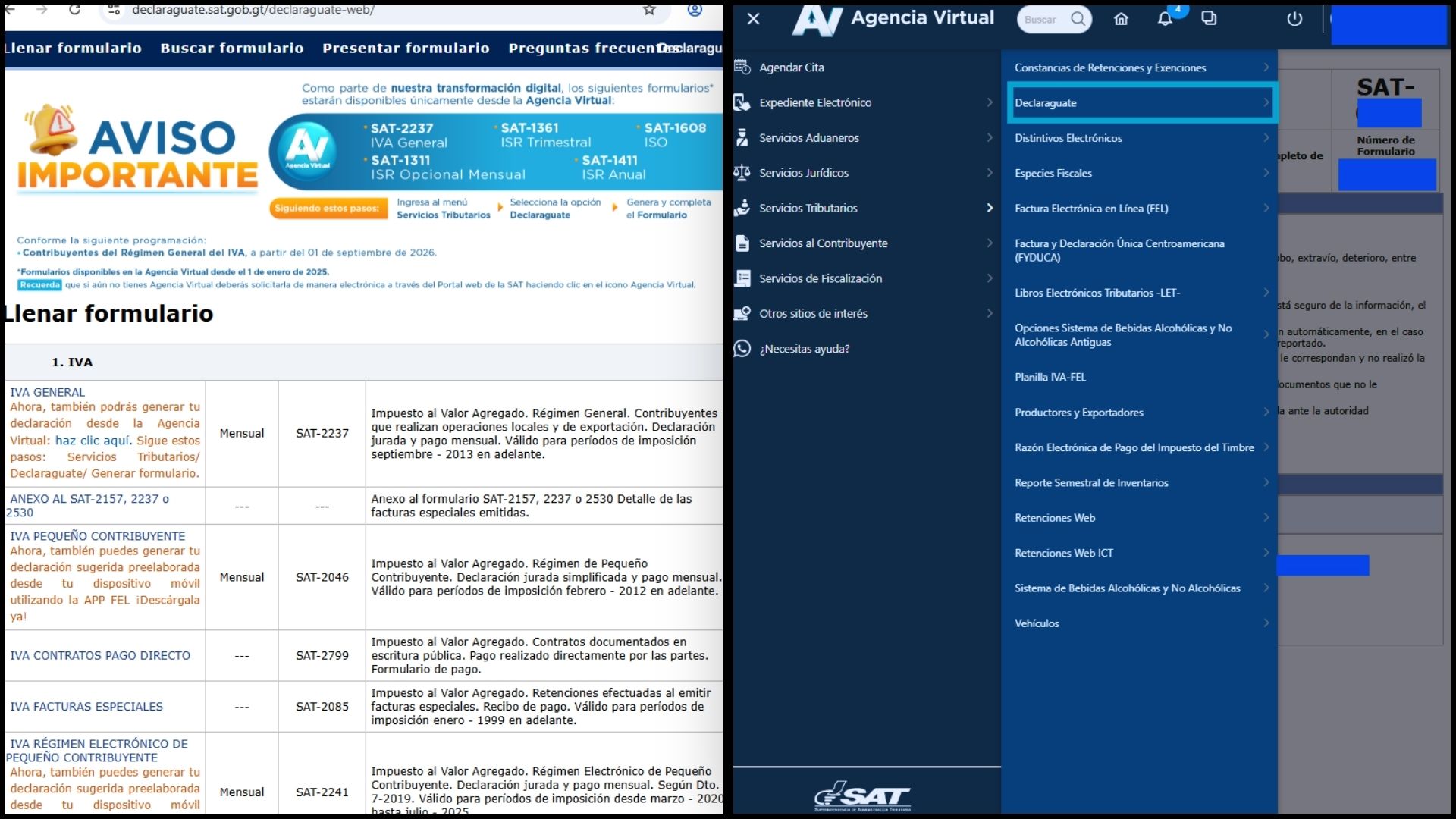 De acuerdo con datos de la SAT, a partir de este 1 de septiembre más de 305 mil contribuyentes inscritos bajo el régimen General del IVA empiezan a utilizar exclusivamente agencia virtual para cinco formularios. (Foto, Prensa Libre: Captura de pantalla).