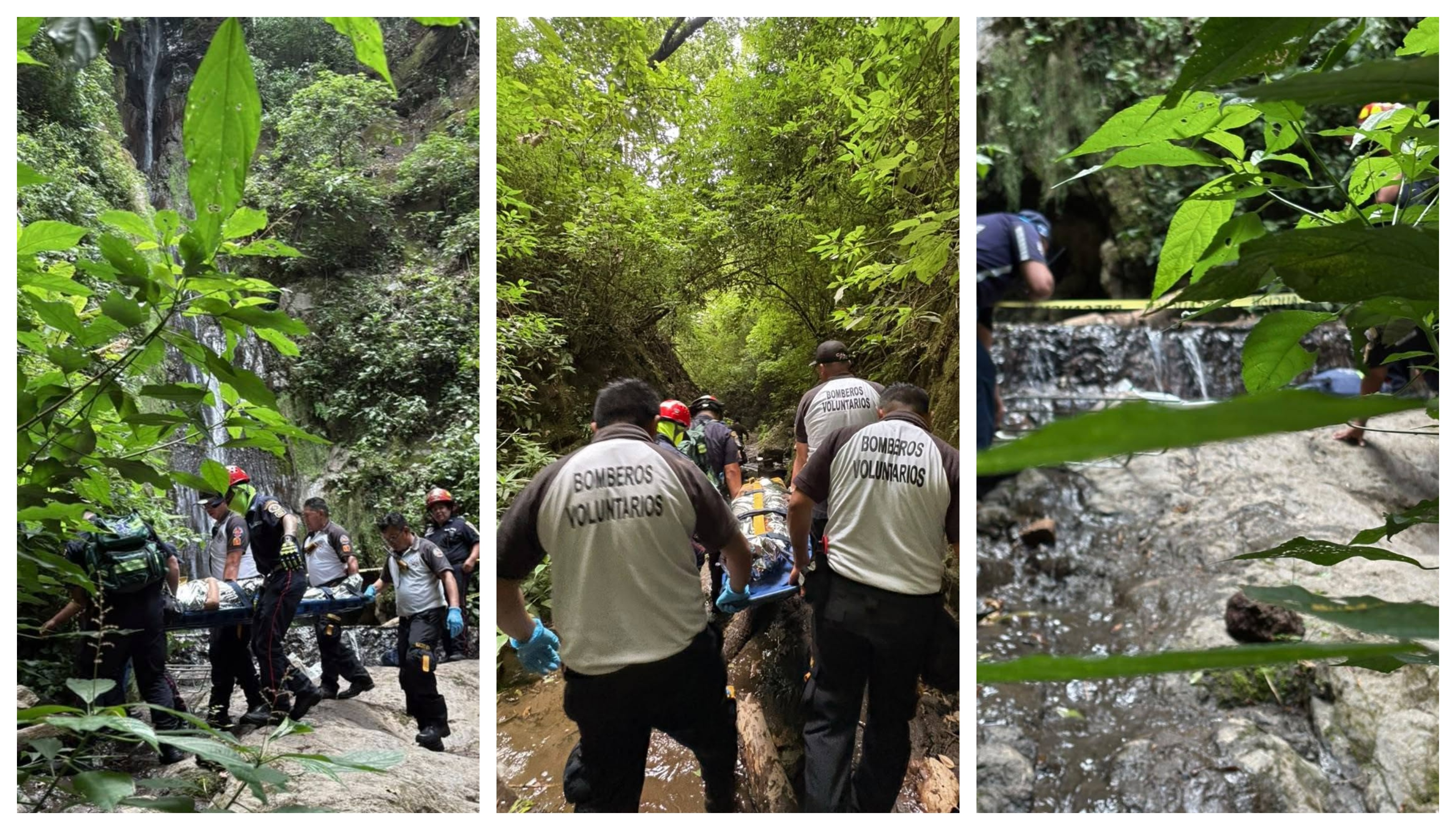 Socorristas rescatan a las dos personas que resultan heridas durante el accidente en Las Cataratas de San Miguel Dueñas. Posteriormente, las trasladan a un centro asistencial. (Foto Prensa Libre: Bomberos Voluntarios de Ciudad Vieja)