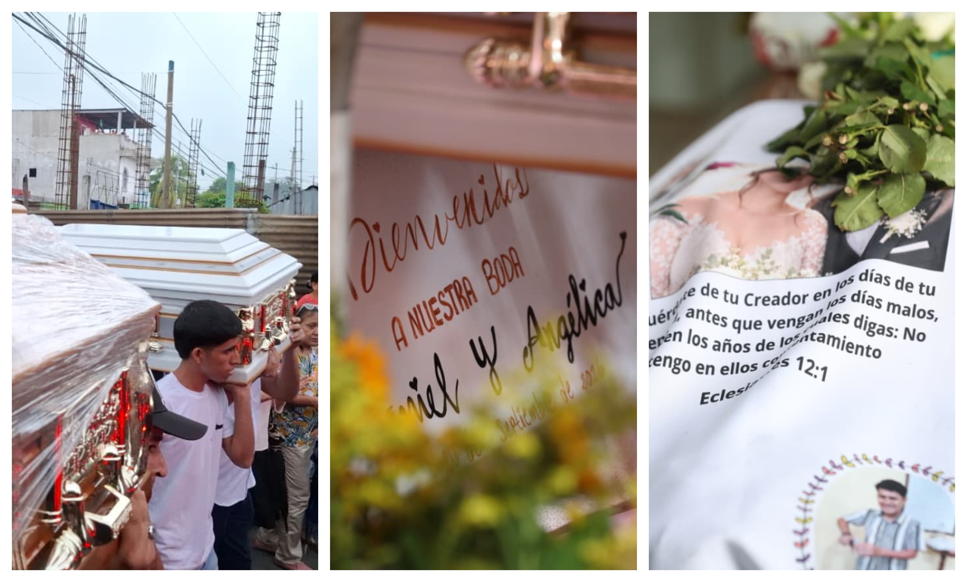 Parte de la decoración preparada para la fiesta de bodas fue colocada en los velatorios de Daniel Enrique Grande Brand y Angélica Gabriela García Estrada. (Foto Prensa Libre: Moisés Xec)