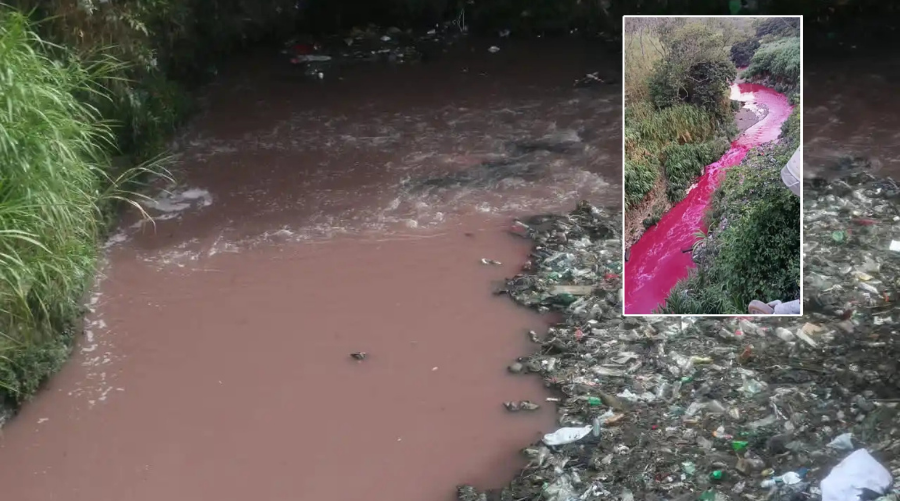Agua de color rojizo en el río Las Vacas y captura del video que evidenció la contaminación.