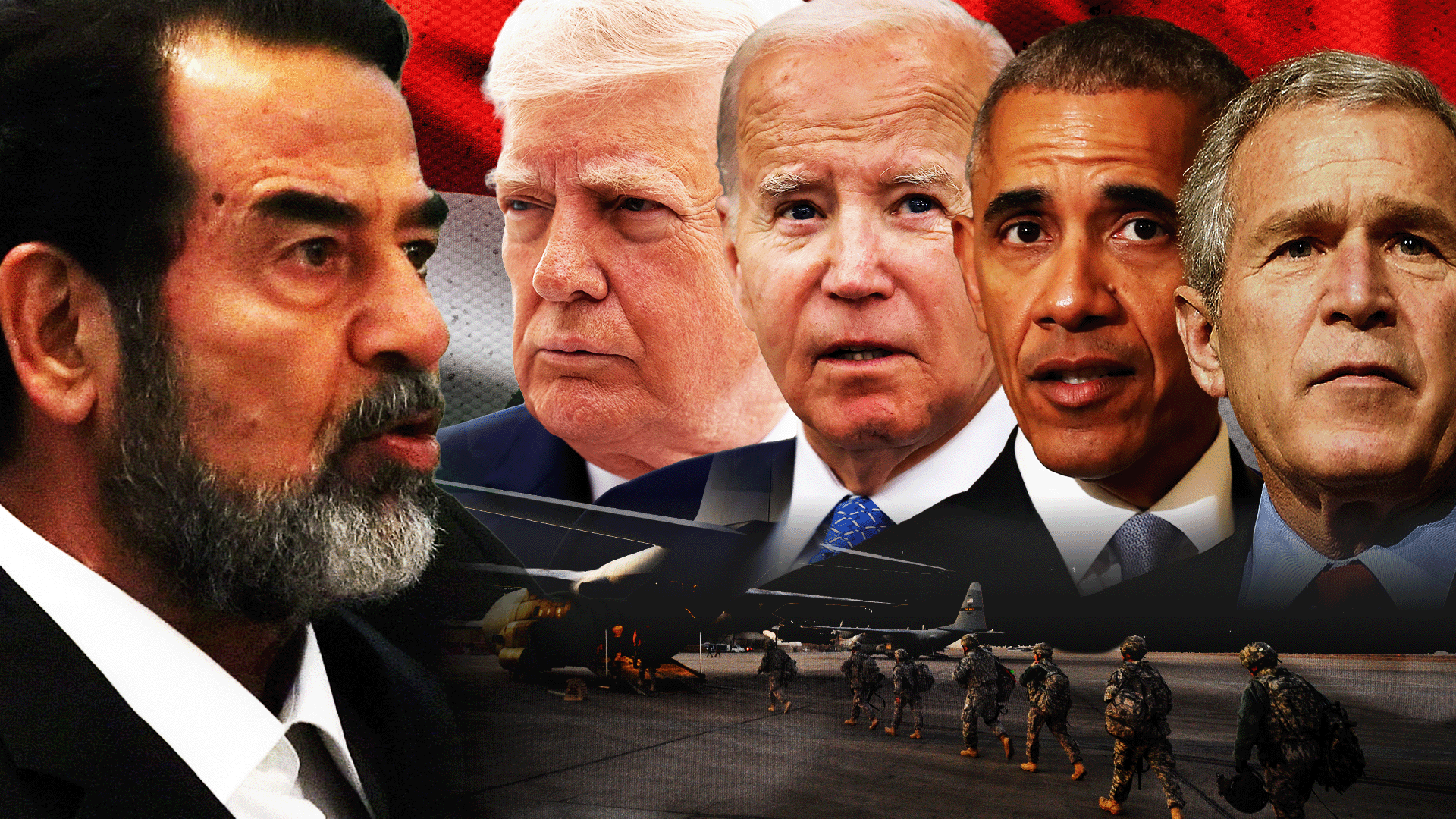 Imagen compuesta que muestra al expresidente iraquí Saddam Hussein a la izquierda, junto a cuatro presidentes estadounidenses: Donald Trump, Joe Biden, Barack Obama y George W. Bush, sobre tropas estadounidenses caminando cerca de aviones militares, con la bandera iraquí de fondo.