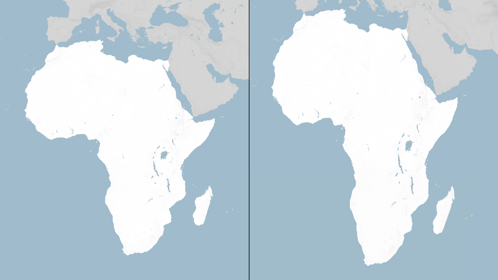 Side-by-side maps of Africa comparing two map projections. The Mercator projection on the left makes Africa appear smaller in comparison with Europe to its north. The Equal Earth projection on the right shows a longer, more proportionally accurate shape of the continent.