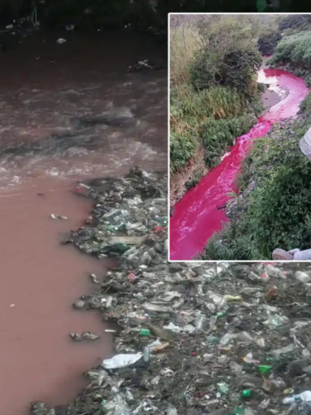 Agua de color rojizo en el río Las Vacas y captura del video que evidenció la contaminación.