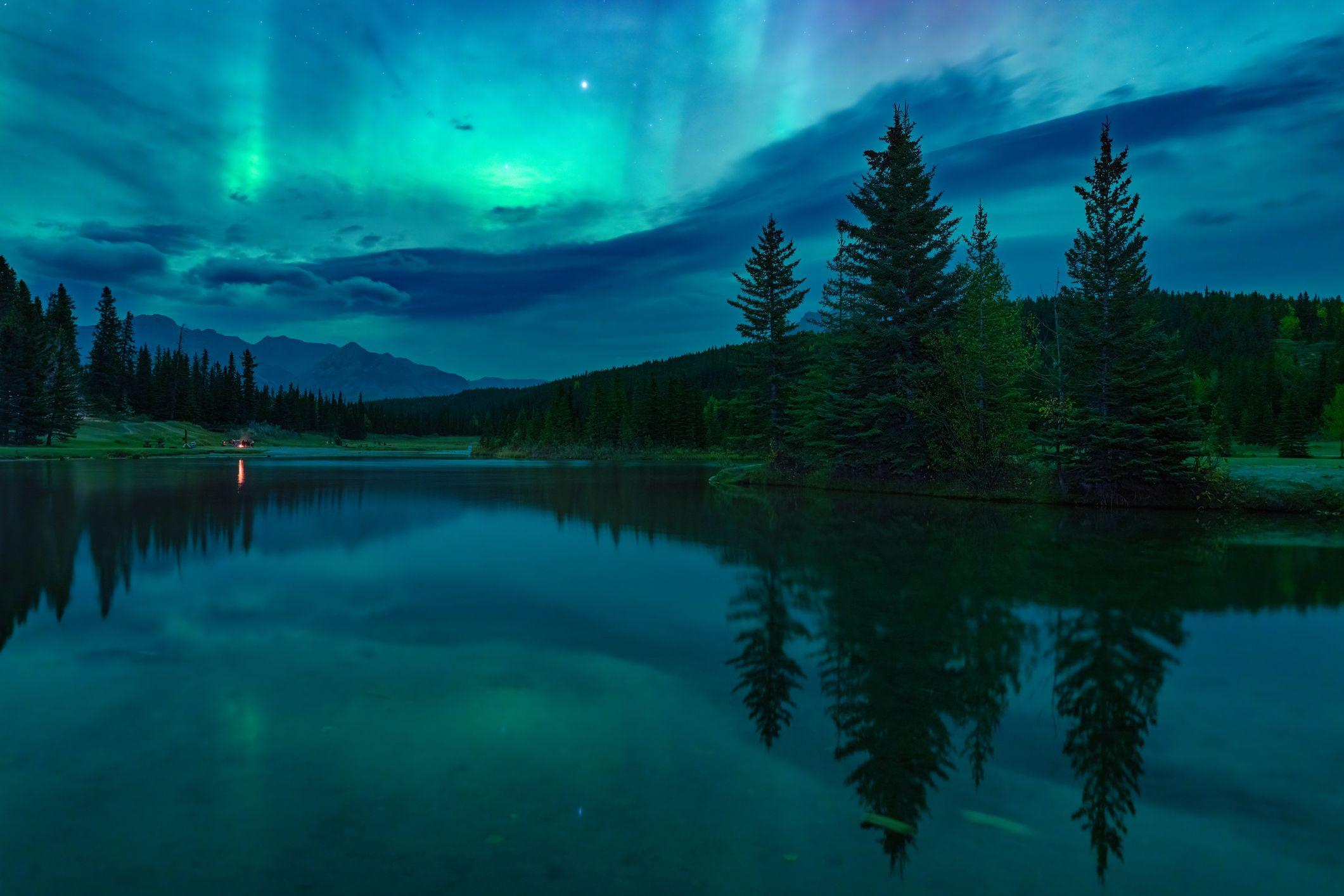 Una imagen que muestra la pequeña isla que apareció en el embalse de Williston, en la Columbia Británica. Se trata de una franja de tierra densamente boscosa que flota sobre aguas cristalinas y azules, iluminadas por la luz del sol. Detrás, a lo lejos, se divisa el contorno de una costa montañosa.
