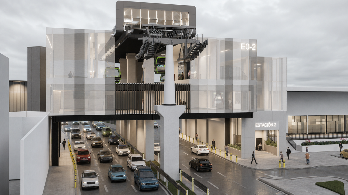 Vista frontal en 3D de cómo será la fachada de la estación Tecún Umán de la Línea 1 del AeroMetro. (Foto, Prensa Libre: cortesía CableVía)