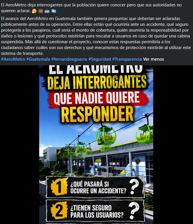 Captura de pantalla de un mensaje que circula en redes sociales, donde internautas preguntan si el AeroMetro contará con un seguro para cubrir posibles percances que sufran los pasajeros. (Foto, Prensa Libre: captura de pantalla)