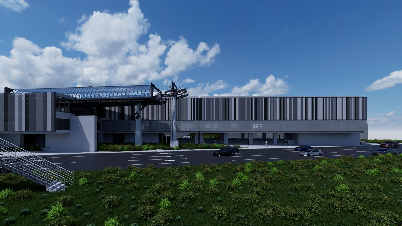 Vista lateral en 3D de cómo será la fachada de la estación El Trébol I de la Línea 1 del AeroMetro. (Foto, Prensa Libre: cortesía CableVía)