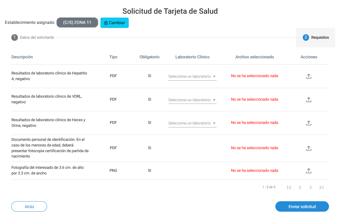 Plataforma del Ministerio de Salud para cargar los documentos y solicitar la Tarjeta de Salud en línea.