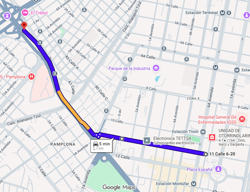 Recorrido previsto de la Línea 1 del AeroMetro, que conectará Plaza España, en la zona 9, con El Trébol, en la zona 8. (Foto, captura de pantalla Google Maps)