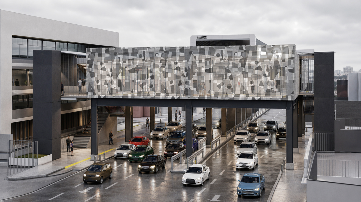 Vista frontal en 3D de cómo será la fachada de la estación Plaza España de la Línea 1 del AeroMetro. (Foto, Prensa Libre: cortesía CableVía)