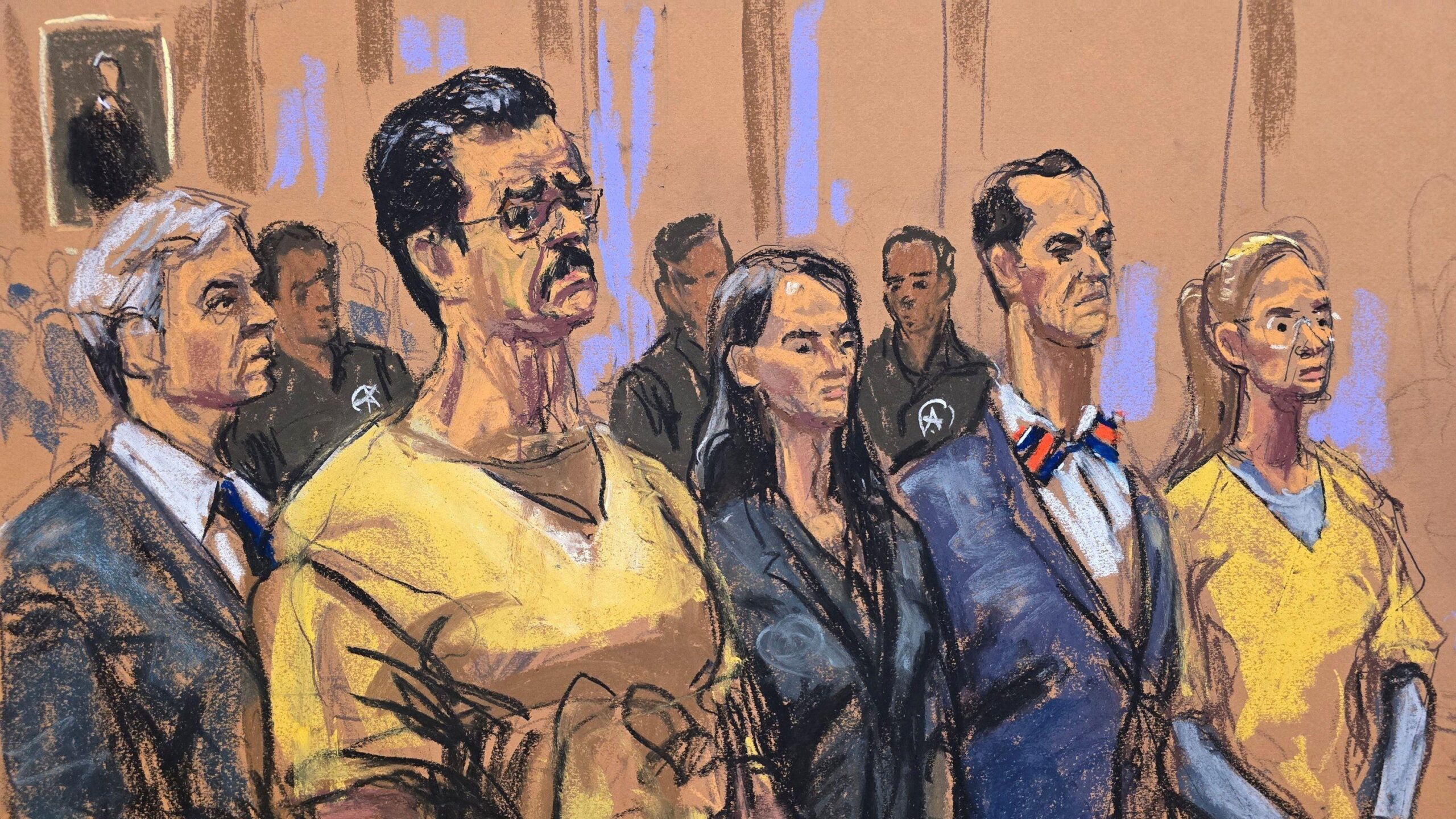 Un dibujo de una escena del tribunal, con Nicolás Maduro y Cilia Flores junto a sus abogados