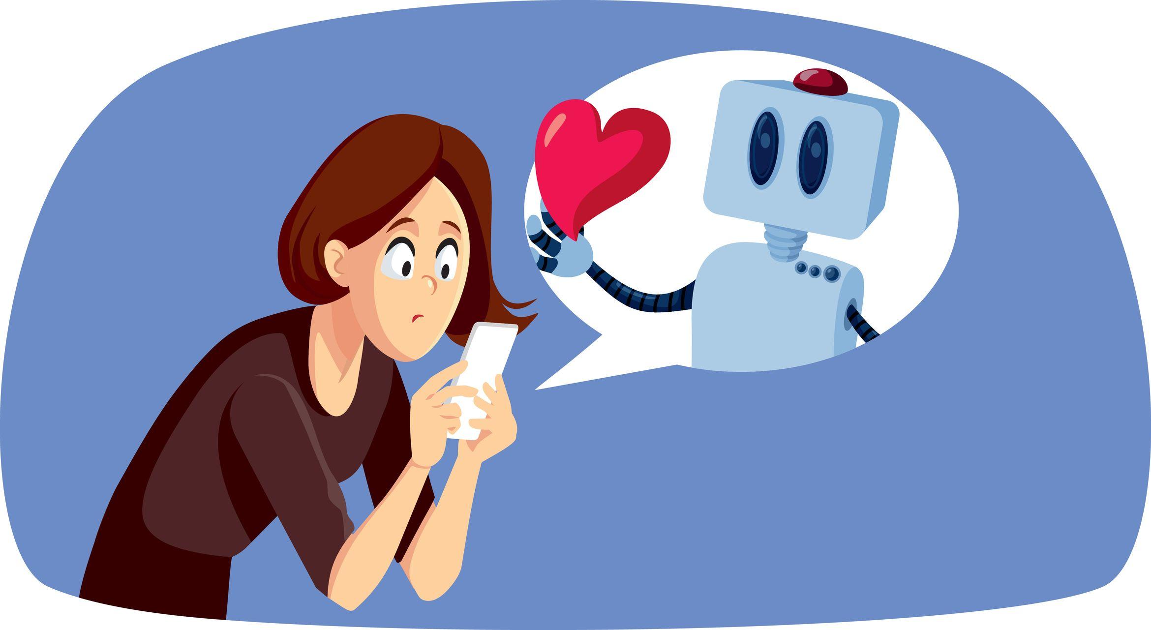 Una mujer mira a un celular, del que salen reacciones positivas de corazones y pulgares hacia arriba
