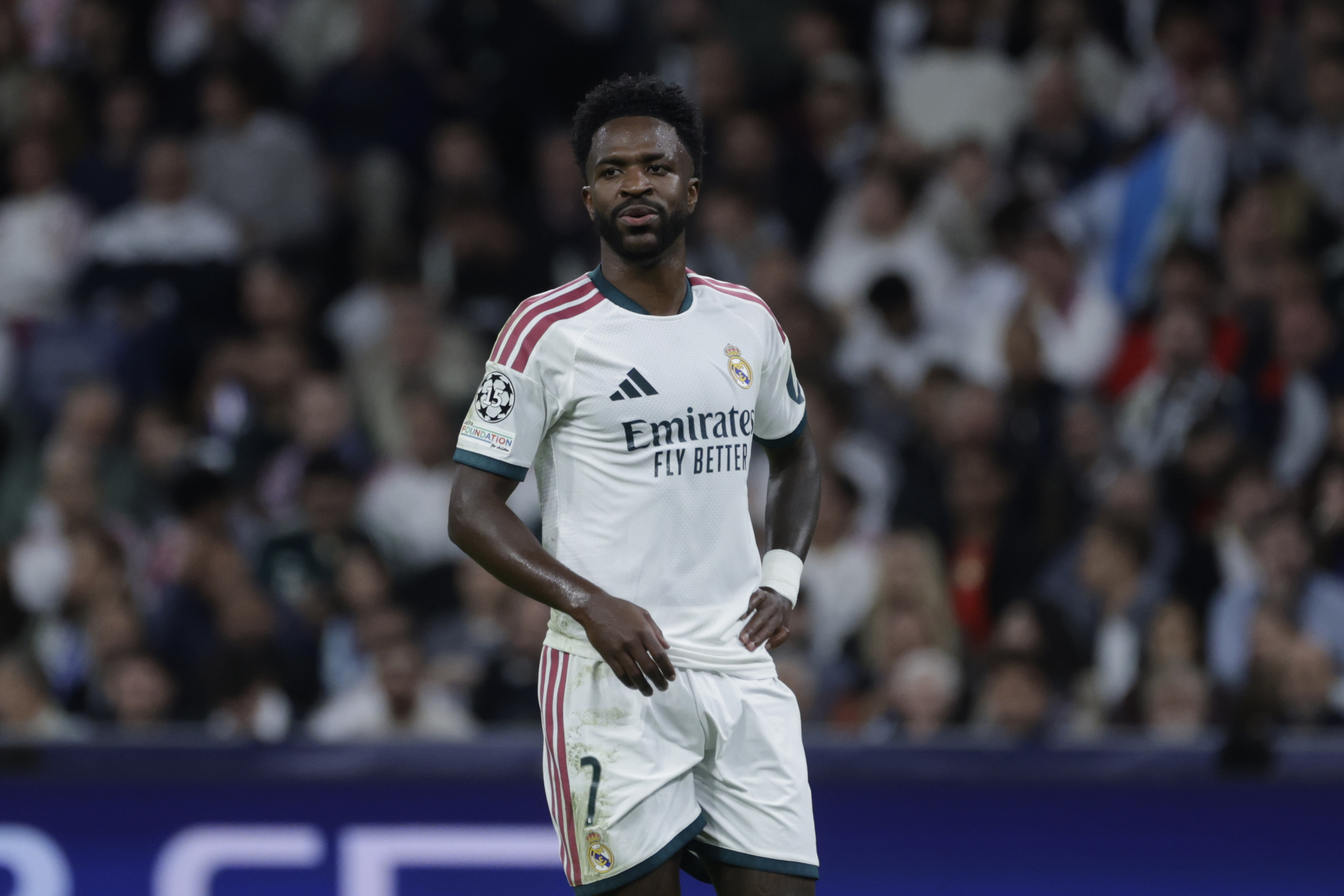 MADRID, 21/10/2026.- El delantero del Real Madrid Vinicius Junior, durante el partido de Liga de Campeones que Real Madrid y RB Leipzig disputan este miércoles en el estadio Santiago Bernabéu. EFE/Juanjo Martín
