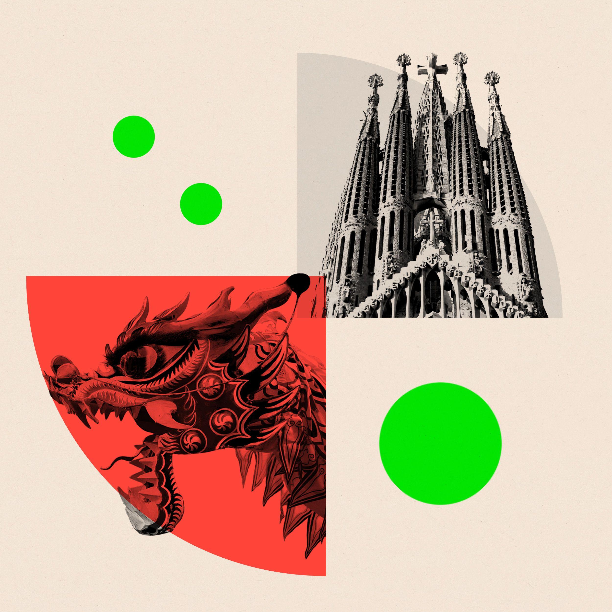 A composite image of a Chinese dragon's head and the Sagrada Familia