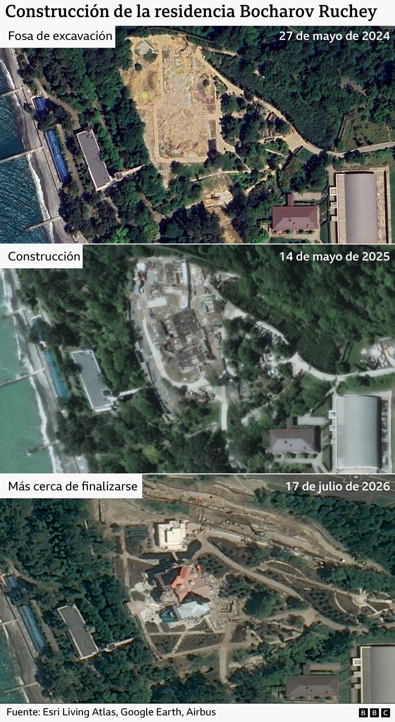 Un primer plano del rostro del presidente ruso Vladimir Putin se superpone a una imagen satelital que destaca la residencia presidencial recientemente reconstruida en Bocharov Ruchey, Sochi.