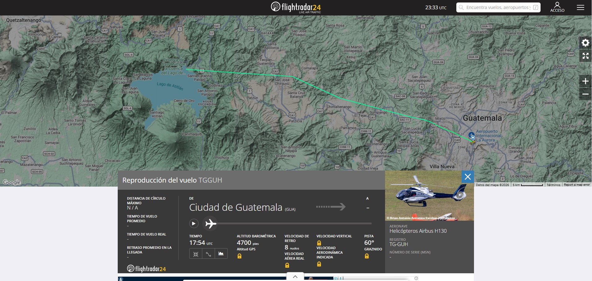 El helicóptero despega a las 12.11 horas rumbo al lago de Atitlán. Los registros muestran su última posición sobre el lago, antes del accidente. (Foto Prensa Libre: Captura de pantalla de publicación de Flightradar24)