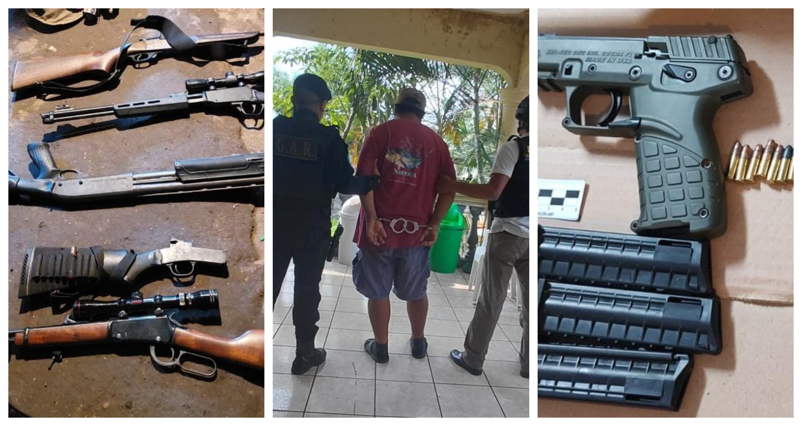 Investigadores de la Dipanda capturan a un hombre de 50 años durante un allanamiento en Patulul, Suchitepéquez, donde incautaron 10 armas de fuego sin documentación legal, además de cargadores y municiones. (Foto Prensa Libre: PNC)