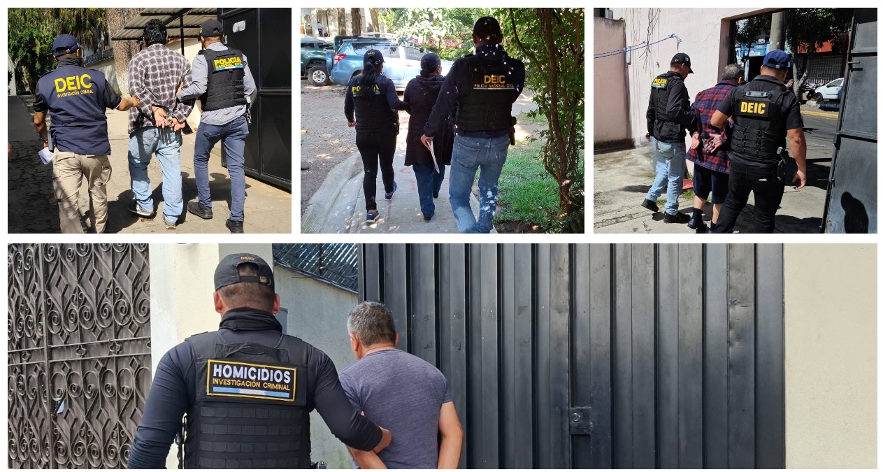 Investigadores de la Policía Nacional Civil custodian a varias personas durante operativos relacionados con la investigación por la muerte de un menor de edad en Ciudad Peronia, Villa Nueva. Las diligencias dejaron cuatro capturados. (Fotos Prensa Libre: PNC)