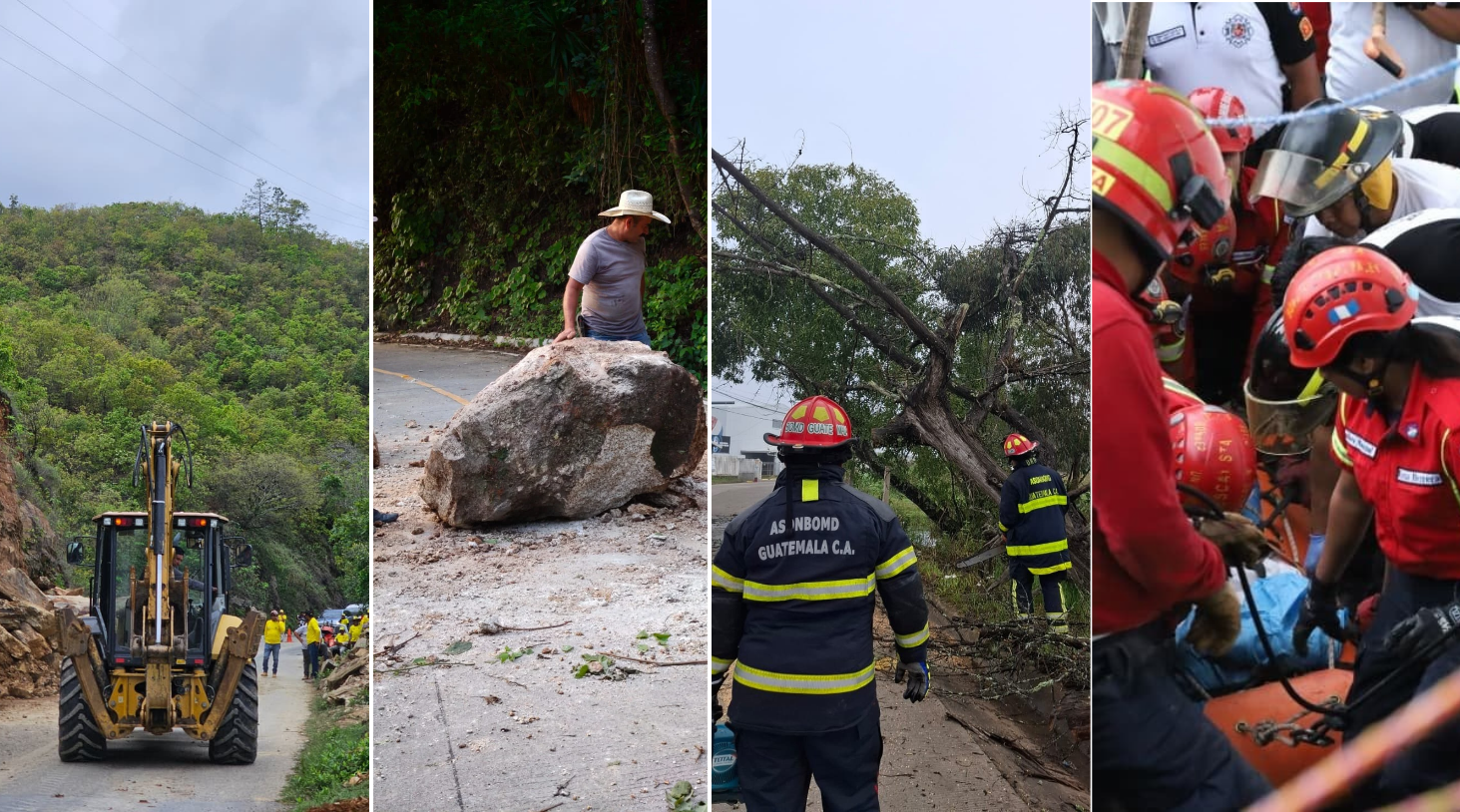 Composición de emergencias registradas en Guatemala durante la época de lluvias, con derrumbes en carreteras, caída de árboles, una roca de gran tamaño sobre la vía y el deslizamiento en el asentamiento El Granizo 3, zona 7 capitalina.