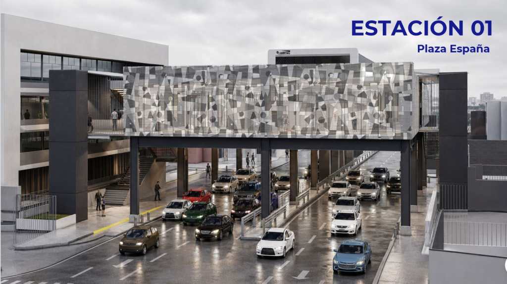 Diseño digital de la estación Plaza España del Aerometro en la ciudad de Guatemala.