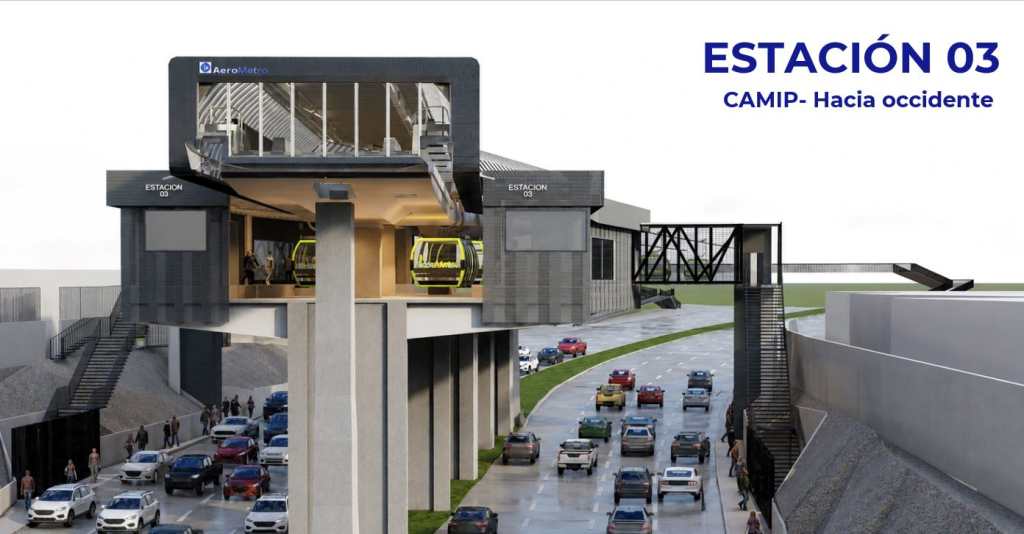 Diseño de la estación CAMIP del Aerometro con estructuras elevadas y accesos peatonales.