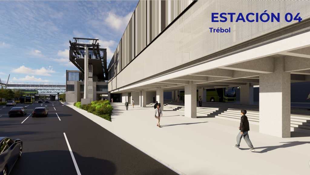 Render peatonal de la Estación 04 Trébol del AeroMetro en Guatemala, con acceso a nivel de calle, torre de cable y pasarela de interconexión al Transmetro